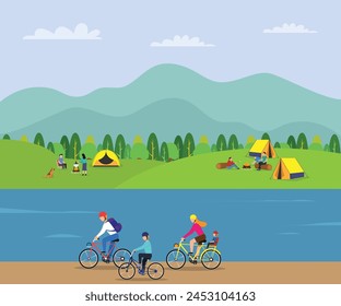 Familia feliz montando en bicicleta por el río cerca de un camping Ilustración vectorial llana