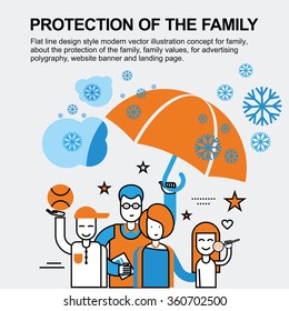 A happy family. Big family. Joyful family. Father, mother, son and daughter. Successful family. A caring family. Flat line design concept for advertising polygraphy, website banner and landing page.