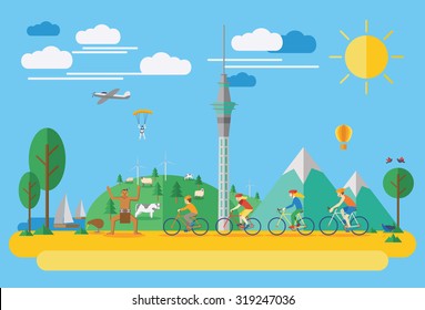 Happy family biking in New Zealand. Flat illustration, all objects are grouped