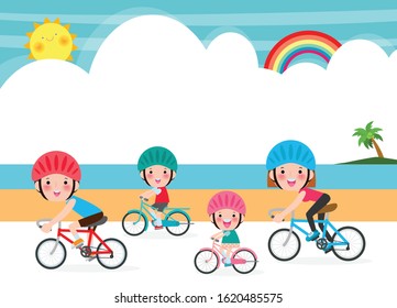 Happy family biking on summer holidays, Husband and Wife with Children Spend Time Cycling on Background Sea Vector illustration 