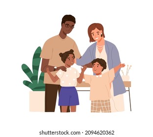 Happy family with biracial parents and kids. Stepmother and stepfather with son and daughter. Couple of wife and husband, their children. Flat vector illustration isolated on white background