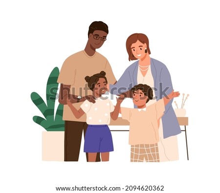 Happy family with biracial parents and kids. Stepmother and stepfather with son and daughter. Couple of wife and husband, their children. Flat vector illustration isolated on white background