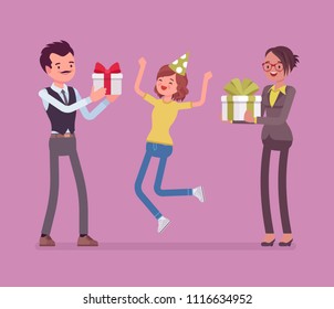 Happy family at birthday party celebration. Cheerful parents and daughter having fun on event, father and mother enjoy entertainment together, giving box gifts. Vector flat style cartoon illustration