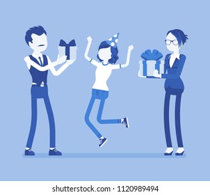 Happy family at birthday party celebration. Cheerful parents and daughter having fun on event, father, mother enjoy entertainment together, giving box gifts. Vector illustration, faceless characters