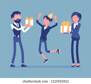 Happy family at birthday party celebration. Cheerful parents and son having fun on event, father and mother enjoy entertainment together, giving box gifts. Vector illustration, faceless characters