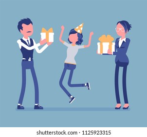 Happy family at birthday party celebration. Cheerful parents and daughter having fun on event, father, mother enjoy entertainment together, giving box gifts. Vector illustration, faceless characters