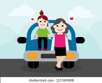 Happy family with a blue car