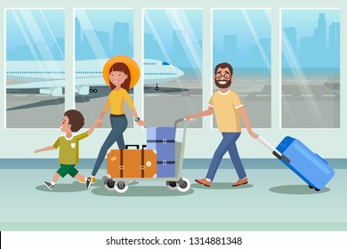 Happy Family Boarding to Airplane in Airport Cartoon Vector Concept with Happy Parents Carrying Trolley with Baggage, Walking with Child in Airport Terminal Corridor Illustration. Tourists Summer Trip