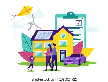Happy Family Bought Modern House in Installments. Signing Contract. Happy Family Buys Home. Signing Contract. Mother, Father and Girl Play near New House. Vector Illustration. Buying House on Credit.