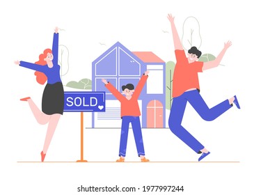 Happy family bought a new property. Mom, dad and son rejoice together against the backdrop of the house and the sign is sold. Vector flat illustration with characters.