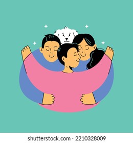 Happy family with boy kid and dog hugging. Vector Flat illustration of Mom, Dad and son illustration. Love, care and peace.