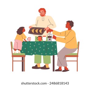 Happy family breakfast in the kitchen. Vector illustration of a cartoon scene depicting a family where dad made croissants for the children for breakfast. Flat style on isolated background.