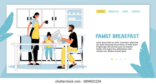 Happy family breakfast. Parent children good time together. Morning routine. Mother cooking snack. Father reading newspaper drinking coffee, daughter eating milk porridge. Landing page layout