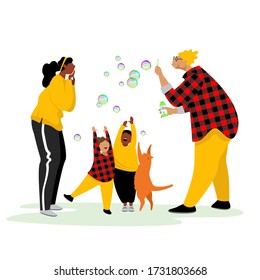 happy family. bubble. children play with a cat. parenting of children. vector image