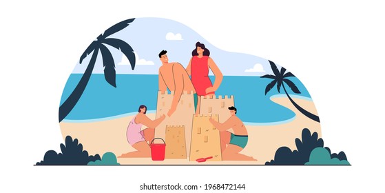 Happy family building sand castle on beach. Flat vector illustration. Young parents and children in swimsuits having rest on seaside. Family, sea resort, holiday concept for banner design