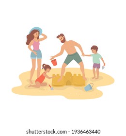 Happy Family Building Sandcastle, Beach Family Activity. Vector Illustration.