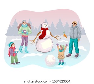 Happy family building snowman. Parents with kids building and decorating snow man for Christmas time or holiday. Winter landscape. Happy new year greeting card. Flat style vector illustration concept.