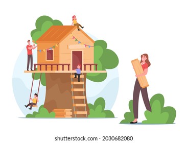 Happy Family Building Treehouse All Together. Mother, Father And Joyful Children Characters Create Cozy Wooden House On Tree, Having Fun Outdoor At Summer Time. Cartoon People Vector Illustration