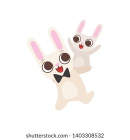 Happy Family of Bunnies, Father Rabbit Carrying His Baby on His Back, Cute Cartoon Hares Characters Vector Illustration