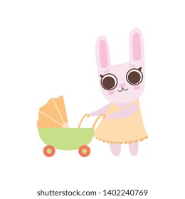 Happy Family of Bunnies, Mother Rabbit Pushing Baby Pram, Cute Cartoon Hares Characters Vector Illustration