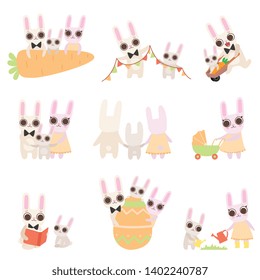 Happy Family of Bunnies Set, Father, Mother and Baby Rabbits Posing Together, Cute Cartoon Hares Characters Vector Illustration