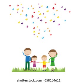 Happy family with a lot of butterflies