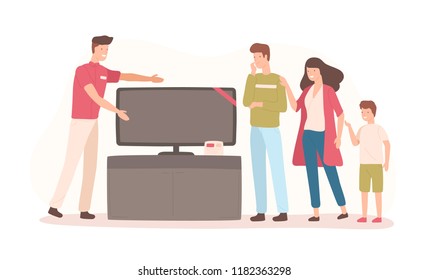 Happy Family Buying Flat Screen TV. Smiling Mother, Father And Son Choosing Television Set At Electronics Shop Or Store And Talking To Seller. Colorful Vector Illustration In Flat Cartoon Style.