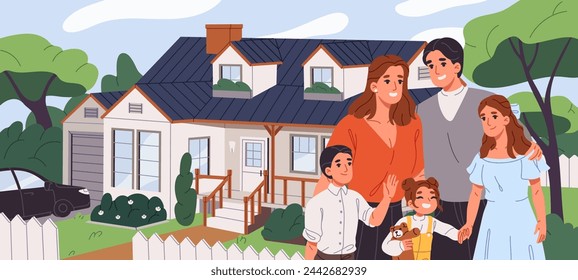 Happy family buying home in mortgage in country. People rejoice of real estate acquisition. Parents with kids outside, in front of new house. Purchase of dwelling in suburb. Flat vector illustration