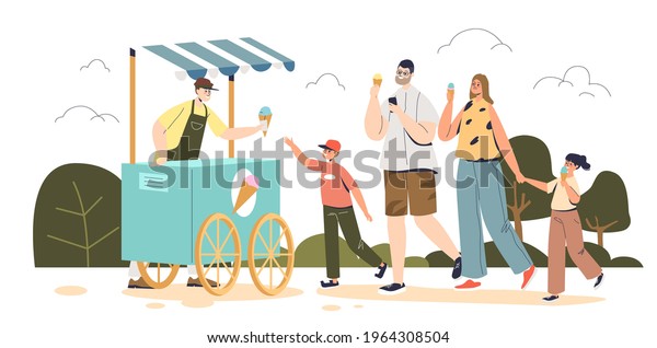 Happy family\
buying ice cream at street kiosk. Parents and kids eating tasty\
cold summer dessert in park. Mom, dad and children walk in park.\
Cartoon flat vector\
illustration