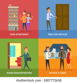 Happy family buying real estate buildings. Vector real estate house, residential property apartment illustration