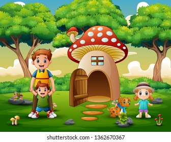 Happy family by fantasy mushroom house