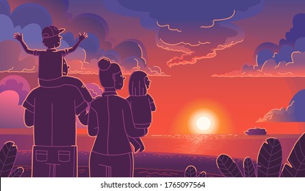 Happy family by the sea watching the sunset. Family tourism concept. Mom, dad and children enjoy the summer together and relax. Vector illustration in a flat style