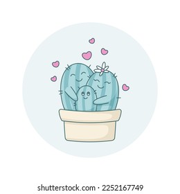 Happy family of cacti in a pot. Vector illustration isolated on background.

