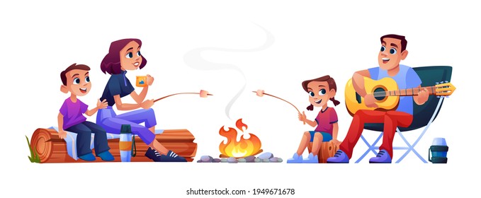 Happy family campers parents and children resting on nature isolated. Vector people sitting at campfire together, singing song, playing guitar, marshmallows on fire. Mother, father, son daughter