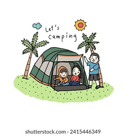 Happy family camping, hand drawn style vector illustration.