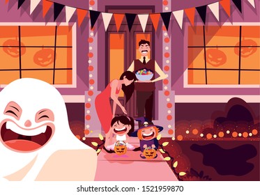 happy family with candies in halloween night celebration vector illustration design