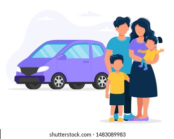 Happy family with car. Concept illustration for buying car or travelling. Vector illustration in flat style
