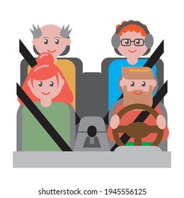 Happy family in a car. Grandpa in the rear seat. Music listening teenager.  Seat belted passengers. Front view. 