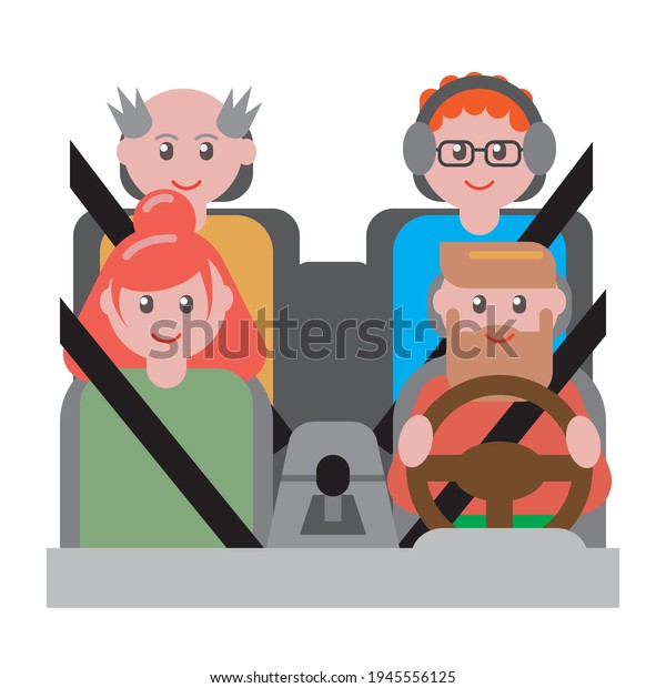 Happy\
family in a car. Grandpa in the rear seat. Music listening\
teenager.  Seat belted passengers. Front view.\
