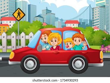 Happy family in the car illustration