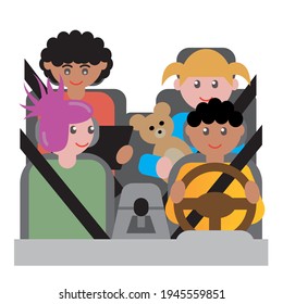 Happy family in a car. Kids in the rear seat. Girl with teddy bear and boy with reading tablet.  Seat belted passengers. Front view. 