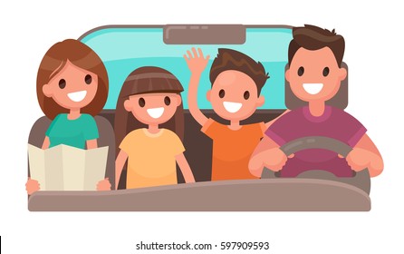 Happy family in the car. Merry travel. Vector illustration in a flat style