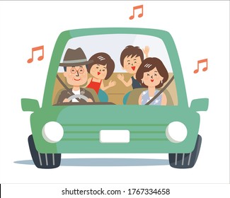 Happy family in car on road trip