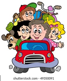 Happy family in car on vacation - vector illustration.