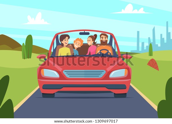 Happy family in car. People father\
mother kids travellers in automobile vector front\
view