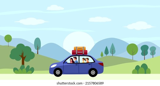 Happy family car trip concept vector illustration.