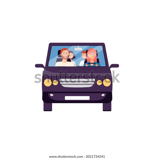 Happy\
family car trip - front view of purple automobile with cartoon\
couple and children. Woman driving man and kids in personal\
transport - flat isolated vector\
illustration