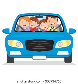 Happy family in the car. Vector illustration of family with the children driving in a blue car. Isolated.