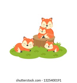 Happy family card. Cute foxes family