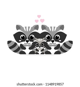 Happy family card. Cute raccoons family - father, mother, baby  with heart. Cartoon vector illustration.